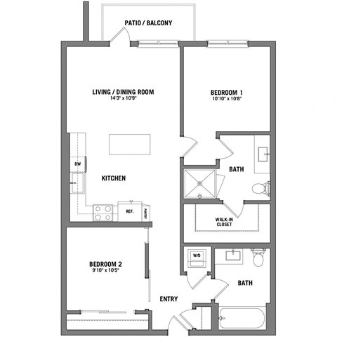 Floor plan for 2 beds, 2 baths, 964 sqft